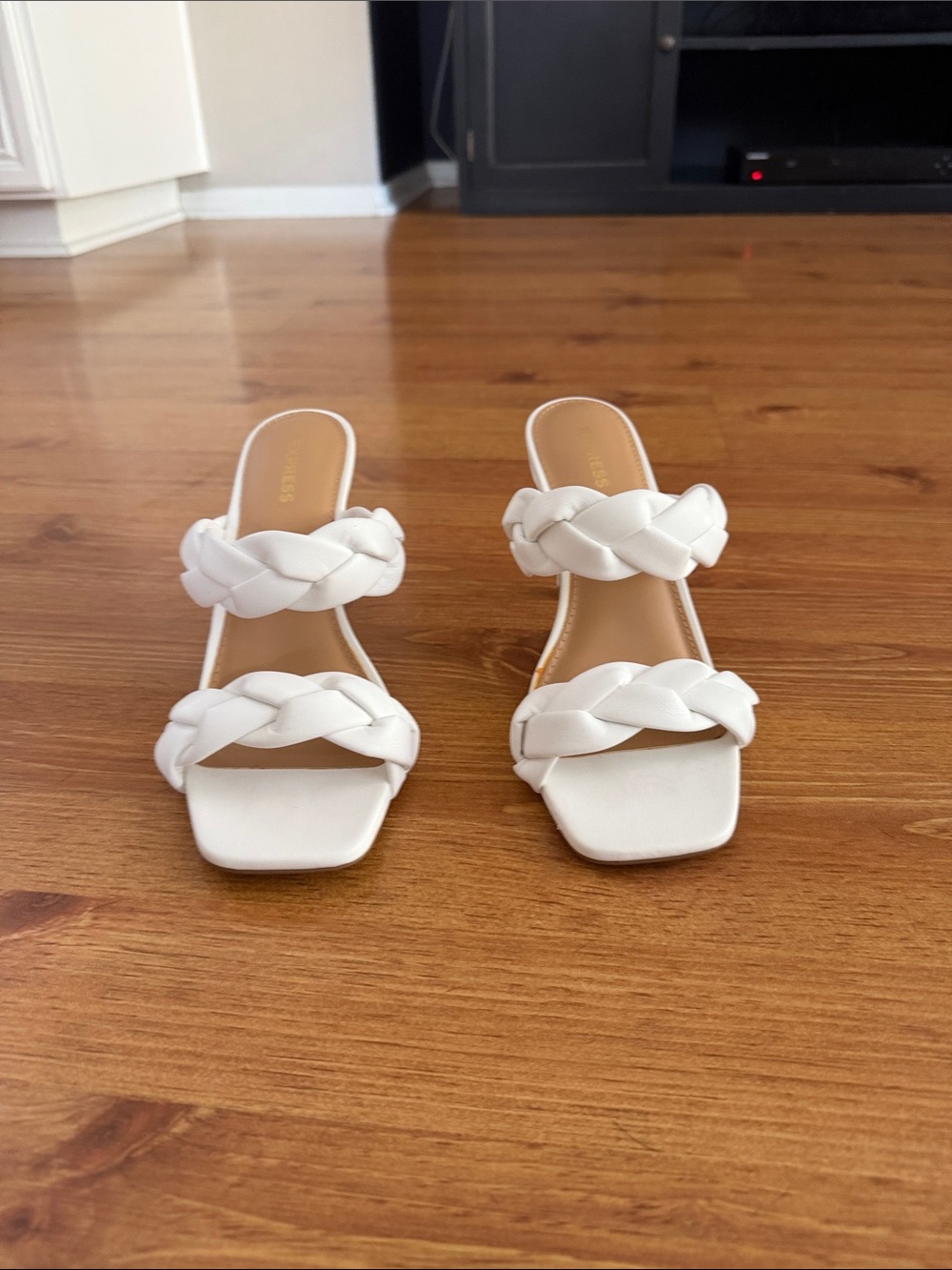 Express White Braided Double-Strap Mid Heel Slides - Picture 1 of 3